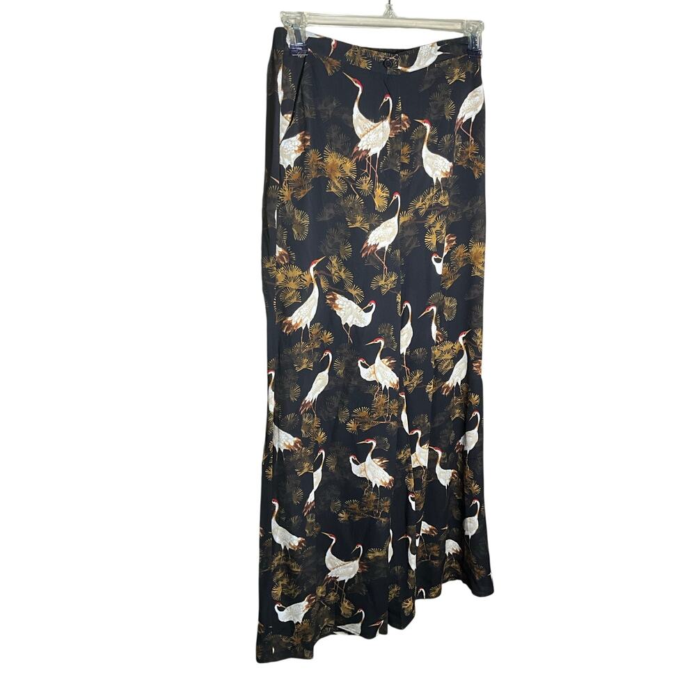 Forever 21 Wide Leg Pants Crane Print Boho Summer Black/Multi Womens Size L NWT